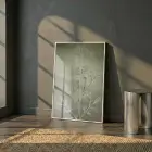 Bitkisel Desen Adaçayı Yeşili Tekli Beyaz Metal Çerçeveli Cam Tablo Ev Dekorasyonu Oda