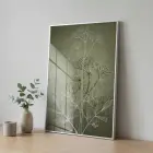 Bitkisel Desen Adaçayı Yeşili Tekli Gümüş Metal Çerçeveli Cam Tablo Salon Oturma Odası