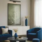 Bitkisel Desen Adaçayı Yeşili Tekli Siyah Metal Çerçeveli Cam Tablo Ev Dekorasyonu Oda