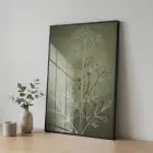 Bitkisel Desen Adaçayı Yeşili Tekli Siyah Metal Çerçeveli Cam Tablo Ev Dekorasyonu Oda