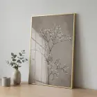 Çiçekli Dal Kum Beji Tonu Tekli Gold Metal Çerçeveli Cam Tablo Ev Dekorasyonu