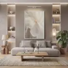 Yumuşak Çiçek Krem Bej Tonları Tekli Beyaz Metal Çerçeveli Cam Tablo Duvar Salon