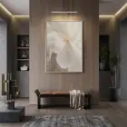 Yumuşak Çiçek Krem Bej Tonları Tekli Gold Metal Çerçeveli Cam Tablo Salon Oturma