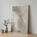 Yumuşak Çiçek Krem Bej Tonları Tekli Gold Metal Çerçeveli Cam Tablo Salon Oturma