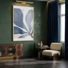Soyut Yaprak Derin Mavi Tonları Tekli Gold Metal Çerçeveli Cam Tablo Yatak Odası