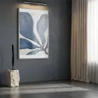 Soyut Yaprak Derin Mavi Tonları Tekli Gümüş Metal Çerçeveli Cam Tablo Duvar Salon
