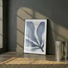 Soyut Yaprak Derin Mavi Tonları Tekli Siyah Metal Çerçeveli Cam Tablo Ev Dekorasyonu