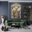 Tüy Desen Sıcak Altın Bej Tekli Beyaz Metal Çerçeveli Cam Tablo Poster Dekoratif