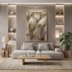Tüy Desen Sıcak Altın Bej Tekli Gold Metal Çerçeveli Cam Tablo Poster Dekoratif