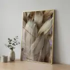 Tüy Desen Sıcak Altın Bej Tekli Gold Metal Çerçeveli Cam Tablo Poster Dekoratif