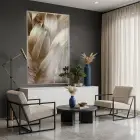 Tüy Desen Sıcak Altın Bej Tekli Gümüş Metal Çerçeveli Cam Tablo Duvar Salon