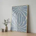 Soyut Çiçek Pastel Mavi Ton Tekli Gold Metal Çerçeveli Cam Tablo Duvar Salon