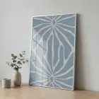 Soyut Çiçek Pastel Mavi Ton Tekli Gümüş Metal Çerçeveli Cam Tablo Duvar Salon