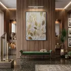 Altın Yapraklar Sıcak Tonları Tekli Siyah Metal Çerçeveli Cam Tablo Duvar Salon Aksesuarları