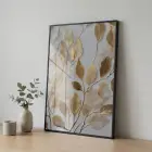 Altın Yapraklar Sıcak Tonları Tekli Siyah Metal Çerçeveli Cam Tablo Duvar Salon Aksesuarları