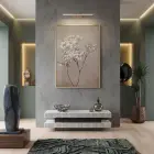 Çiçek Dalı Pudra Bej Tonları Tekli Gold Metal Çerçeveli Cam Tablo Salon Oturma