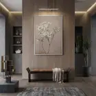 Çiçek Dalı Pudra Bej Tonları Tekli Gümüş Metal Çerçeveli Cam Tablo Duvar Salon