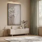 Çiçek Dalı Pudra Bej Tonları Tekli Siyah Metal Çerçeveli Cam Tablo Yatak Odası