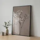 Çiçek Dalı Pudra Bej Tonları Tekli Siyah Metal Çerçeveli Cam Tablo Yatak Odası