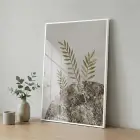 Yaprak Formları Sıcak Toprak Tekli Beyaz Metal Çerçeveli Cam Tablo Poster Dekoratif Obje