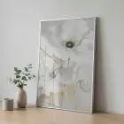 Büyük Çiçekler Krem Bej Tonları Tekli Gümüş Metal Çerçeveli Cam Tablo Poster Dekoratif