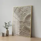 Dekoratif Oyma Sıcak Krem Tonları Tekli Gold Metal Çerçeveli Cam Tablo Poster Obje