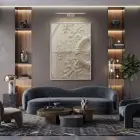Dekoratif Oyma Sıcak Krem Tonları Tekli Gümüş Metal Çerçeveli Cam Tablo Yatak Odası