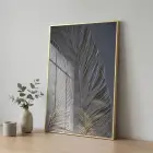 Tüy Motif Gümüş Gri Altın Tekli Gold Metal Çerçeveli Cam Tablo Ev Dekorasyonu