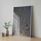 Tüy Motif Gümüş Gri Altın Tekli Metal Çerçeveli Cam Tablo Duvar Salon Aksesuarları