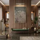 Kırık Dokular Koyu Bej Tonları Tekli Gold Metal Çerçeveli Cam Tablo Yatak Odası