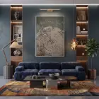 Kırık Dokular Koyu Bej Tonları Tekli Gümüş Metal Çerçeveli Cam Tablo Salon Oturma