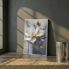 Manolya Çiçeği Koyu Mavi Beyaz Tekli Metal Çerçeveli Cam Tablo Ev Dekorasyonu Oda