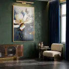 Manolya Çiçeği Koyu Mavi Beyaz Tekli Gold Metal Çerçeveli Cam Tablo Poster Dekoratif