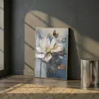 Manolya Çiçeği Koyu Mavi Beyaz Tekli Gold Metal Çerçeveli Cam Tablo Poster Dekoratif