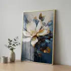 Manolya Çiçeği Koyu Mavi Beyaz Tekli Gold Metal Çerçeveli Cam Tablo Poster Dekoratif