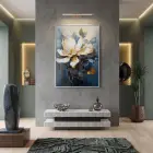 Manolya Çiçeği Koyu Mavi Beyaz Tekli Gümüş Metal Çerçeveli Cam Tablo Duvar Salon
