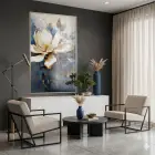 Manolya Çiçeği Koyu Mavi Beyaz Tekli Gümüş Metal Çerçeveli Cam Tablo Duvar Salon