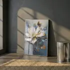 Manolya Çiçeği Koyu Mavi Beyaz Tekli Gümüş Metal Çerçeveli Cam Tablo Duvar Salon