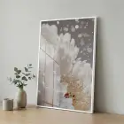 Işıltılı Çiçek Beyaz Altın Tonları Tekli Metal Çerçeveli Cam Tablo Duvar Salon Aksesuarları