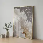 Işıltılı Çiçek Beyaz Altın Tonları Tekli Gold Metal Çerçeveli Cam Tablo Yatak Odası