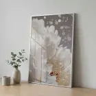 Işıltılı Çiçek Beyaz Altın Tonları Tekli Gümüş Metal Çerçeveli Cam Tablo Yatak Odası