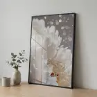 Işıltılı Çiçek Beyaz Altın Tonları Tekli Siyah Metal Çerçeveli Cam Tablo Ev Dekorasyonu