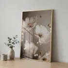 Narin Çiçekler Sıcak Nötr Tonlar Tekli Gold Metal Çerçeveli Cam Tablo Yatak Odası
