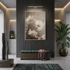 Narin Çiçekler Sıcak Nötr Tonlar Tekli Gümüş Metal Çerçeveli Cam Tablo Duvar Salon