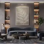 Botanik Dal Sıcak Grej Tonu Tekli Beyaz Metal Çerçeveli Cam Tablo Salon Oturma