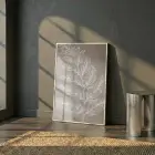 Botanik Dal Sıcak Grej Tonu Tekli Beyaz Metal Çerçeveli Cam Tablo Salon Oturma