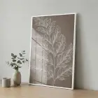 Botanik Dal Sıcak Grej Tonu Tekli Beyaz Metal Çerçeveli Cam Tablo Salon Oturma