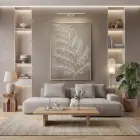 Botanik Dal Sıcak Grej Tonu Tekli Gold Metal Çerçeveli Cam Tablo Ev Dekorasyonu