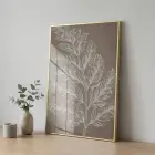 Botanik Dal Sıcak Grej Tonu Tekli Gold Metal Çerçeveli Cam Tablo Ev Dekorasyonu