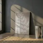 Botanik Dal Sıcak Grej Tonu Tekli Gümüş Metal Çerçeveli Cam Tablo Duvar Salon